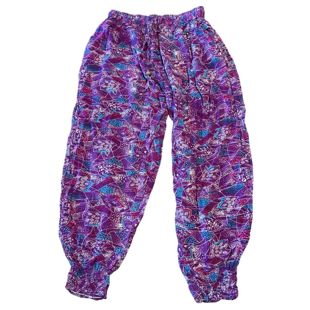 Miss Euro Style Free Size Purple Boho Elastic Waist Pants Vibrant Abstract Print